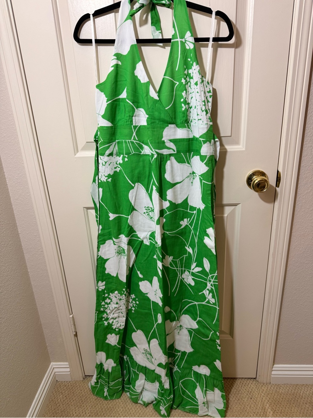 Odille Green and White Floral Halter Maxi Dress